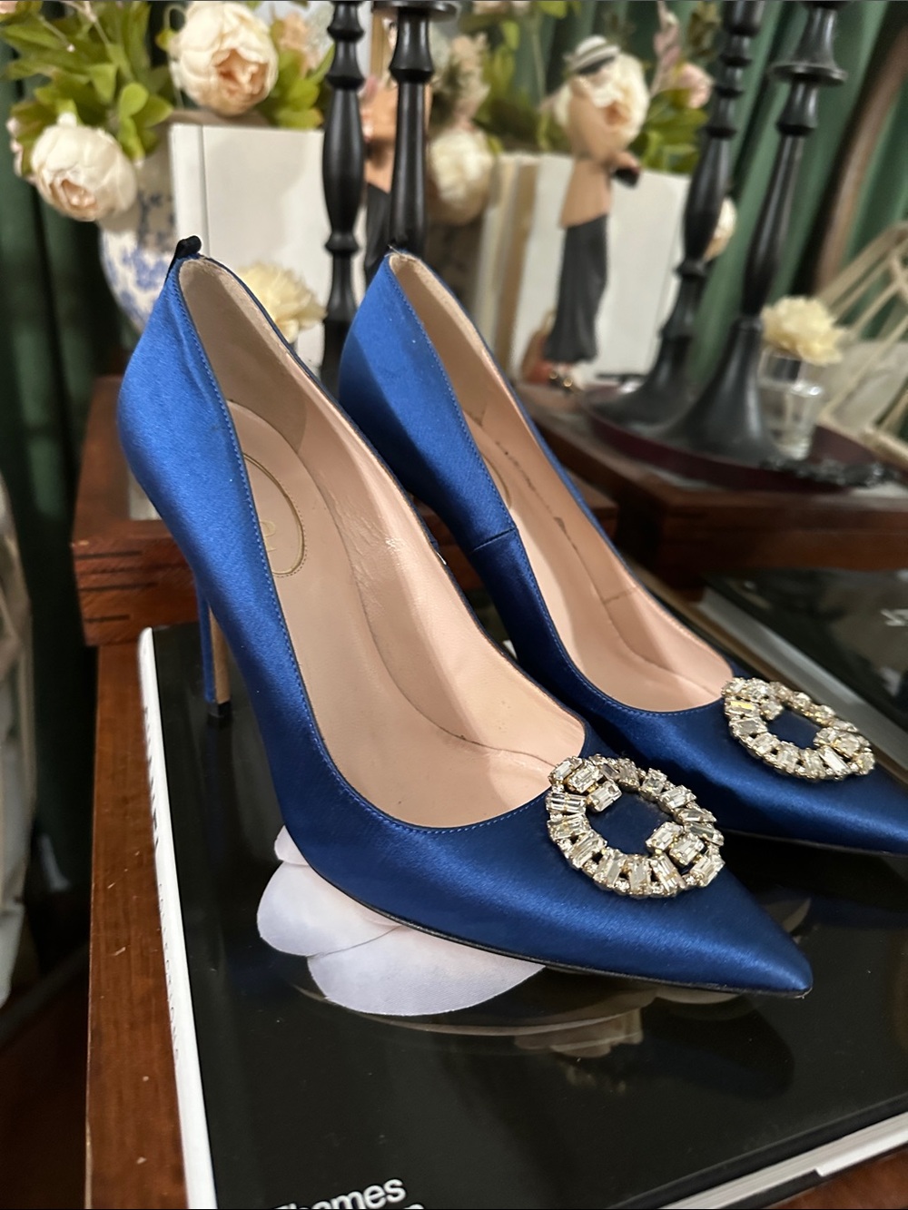 SJP by Sarah Jessica Parker Navy Satin Pointed Toe Pumps with Crystal Buckle - Picture 8 of 11